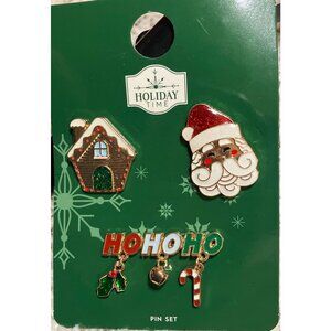 Holiday Time Christmas Pin Set HoHoHo Santa Claus Gingerbread House Enamel Lapel